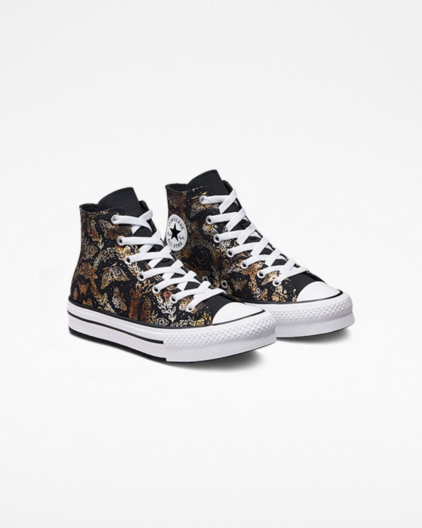 Zapatos Plataforma Converse Chuck Taylor All Star EVA Lift Butterfly Shine Altas Niña Negras Doradas Blancas | PE W75LP0